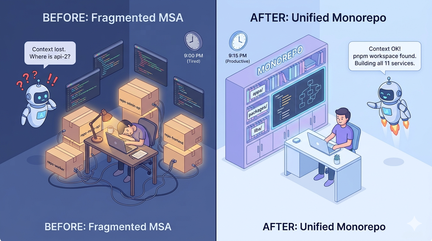 A before/after illustration: "before" (a fragmented MSA) shows repos scattered across many boxes while the AI panics "context lost, where is api-2?"; "after" (a unified monorepo) shows apps, packages, and libs gathered on one shelf while the AI declares "context confirmed! pnpm workspace found, building all 11 services"